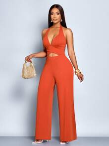 SOLERSUN Women's Elegant Solid Color Plunging Neck Criss Cross Cutout Backless Jumpsuits