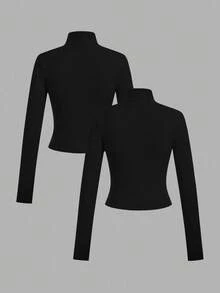 SHEIN EZwear 2 件黑色针织拉链长袖 T 恤，适合秋冬季 - 黑色 - 查看 2