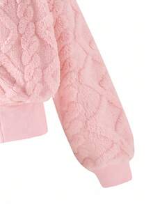 Sparklyn 1pc Girls Hooded Zip-Up Short Cardigan Jacket, Knitted Textured Fabric, Autumn Fall Winter - Pink - View 4