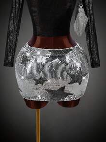 SHEIN ICON Star Pattern Sequin Skirt - Silver - View 2