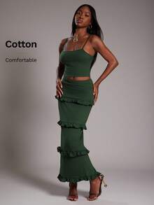 NYA SZN Conjunto de mujer (Top y Falda) Top básico corto ajustado de unicolor, Falda ajustada de cintura alta con volantes, Adecuado para salir, otoño e invierno, Apto para atuendos de oficina - Camel - Ver 3