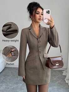 Elenzga Áo khoác blazer nữ dáng ôm thanh lịch, cổ điển, họa tiết kẻ caro, thường ngày - Nhiều màu - Xem 1