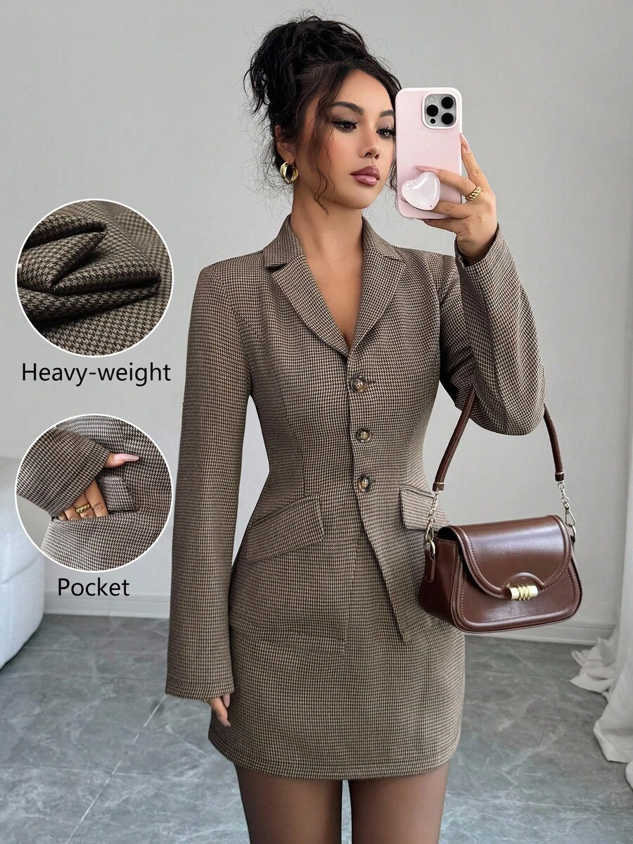 Elenzga Áo khoác blazer nữ dáng ôm thanh lịch, cổ điển, họa tiết kẻ caro, thường ngày - Nhiều màu - Xem 1