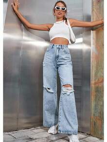 SHEIN EZwear Damen Winter Jeans mit Taschen, Destroyed-Optik, Loose Fit, Weites Bein, Verstärkte Denim