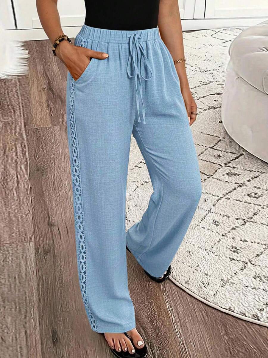 SHEIN LUNE 女式牛仔效果纯色口袋侧褶休闲裤，适合新年服装