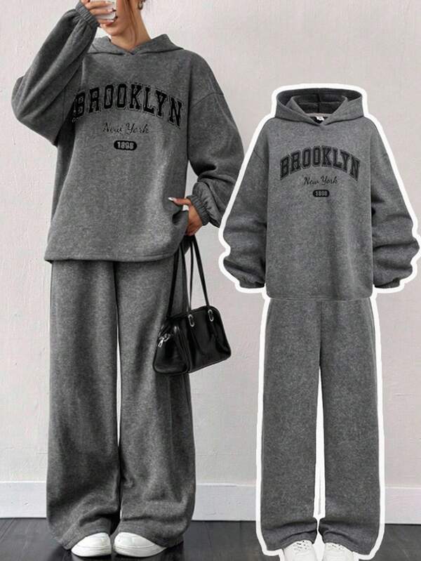 Girlism Teen Girl Letter Print Hooded Sweatshirt And Sweatpants Casual Suit, Grey Hoodie And Sweatpants Set 2 Piece Teen Boys Hoddie And Sweatpants Sweat Sets Tweens Comfy Brooklyn Outfit Teenage Boy S Hoodie And Pants Set Fall Winter