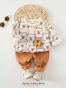 Cozy Pixies 2pcs Baby Boy Capybara Pattern Knit Soft Crew Neck Long Sleeve Pullover Sweatshirt And Elastic Waist Jogger Pants Set - Brown - View 1