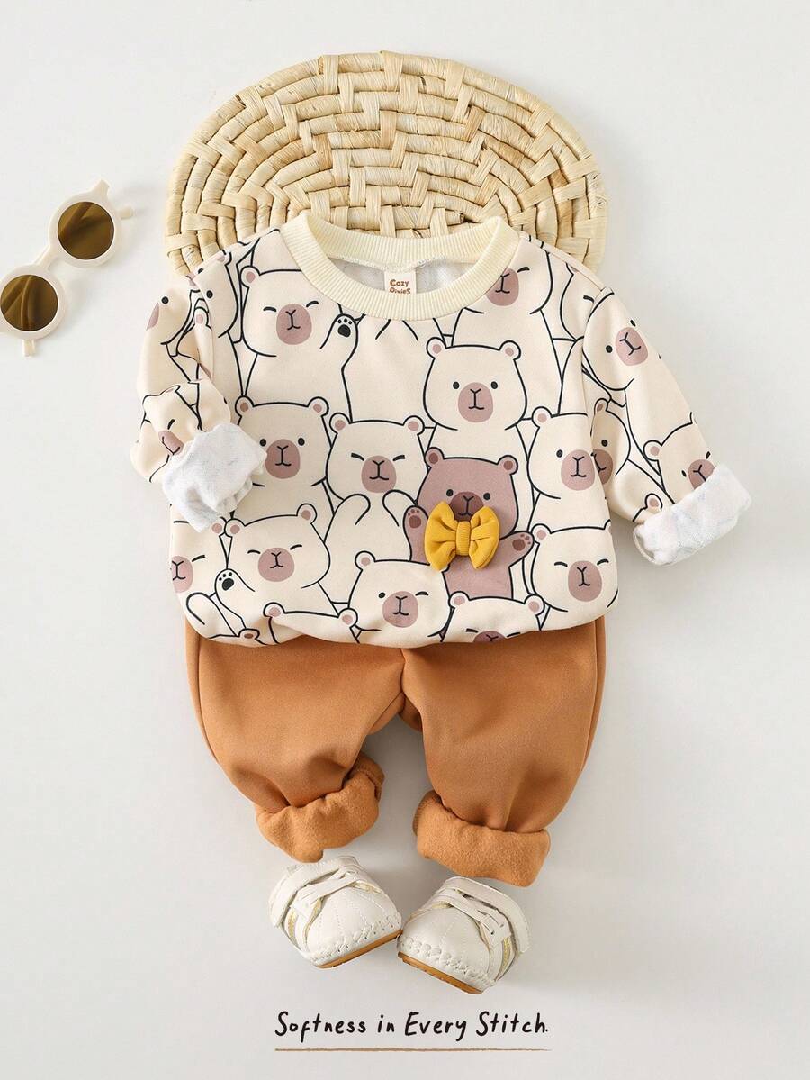 Cozy Pixies 2pcs Baby Boy Capybara Pattern Knit Soft Crew Neck Long Sleeve Pullover Sweatshirt And Elastic Waist Jogger Pants Set - Brown - View 1