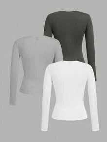 SHEIN EZwear 3 Stücke Damen Lässig Engsitzend Rundhals Langarm T-Shirt Set, geeignet für Herbst/Winter - Verschiedenfarbig - Übersicht 2