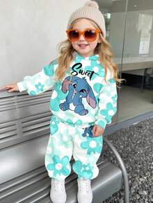 SHEIN 2 件套卡哇伊卡通蓝色兔子露露，针脚图案，渐变花卉印花宽松休闲套头连帽衫套装，适合年轻女孩，返校季，2000 年代风格，韩版，秋冬，垃圾摇滚，条纹，舒适轻松，时尚童装，可爱连帽衫，女童冬装，嬉皮士，音乐节，BM，复古甜美 - 彩色 - 查看 3