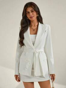 Chiquease Almamuse-D Spring/Autumn White Cinched Waist Blazer, Sophisticated, Delicate Floral Embellishments, Fashionable Versatile Blazer - White - View 5