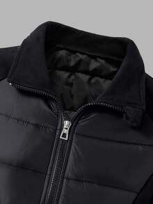 少女休闲时尚绗缝梭织面料风衣，棉质衬里，针织面料袖子和领子，修身设计，适合秋冬季日常通勤、郊游、派对、拍照 - 黑色 - 查看 7