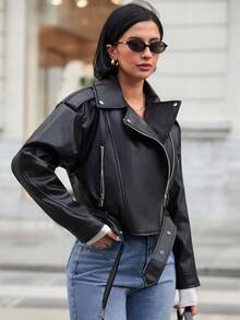 EURMUSE Woman Leather Long Sleeve Belted Zipper Asymmetric Front Zip Up Pockets Autumn Winter Lady Going Out Coat Jacket Women S Street Wear - Black - View 3