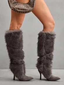 CUCCOO SZL Giày bốt cao đến đầu gối nữ thời trang sang trọng, mũi nhọn, lót lông giả, khóa kéo màu kaki - Màu Khaki - Xem 5