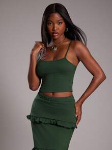 NYA SZN Conjunto de mujer (Top y Falda) Top básico corto ajustado de unicolor, Falda ajustada de cintura alta con volantes, Adecuado para salir, otoño e invierno, Apto para atuendos de oficina - Camel - Ver 4