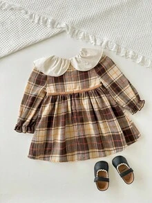 Cozy Pixies Baby Mädchen bunte karierte Kontrast Rundhals Langarm Taille geraffte Kleid, vielseitig & bequem