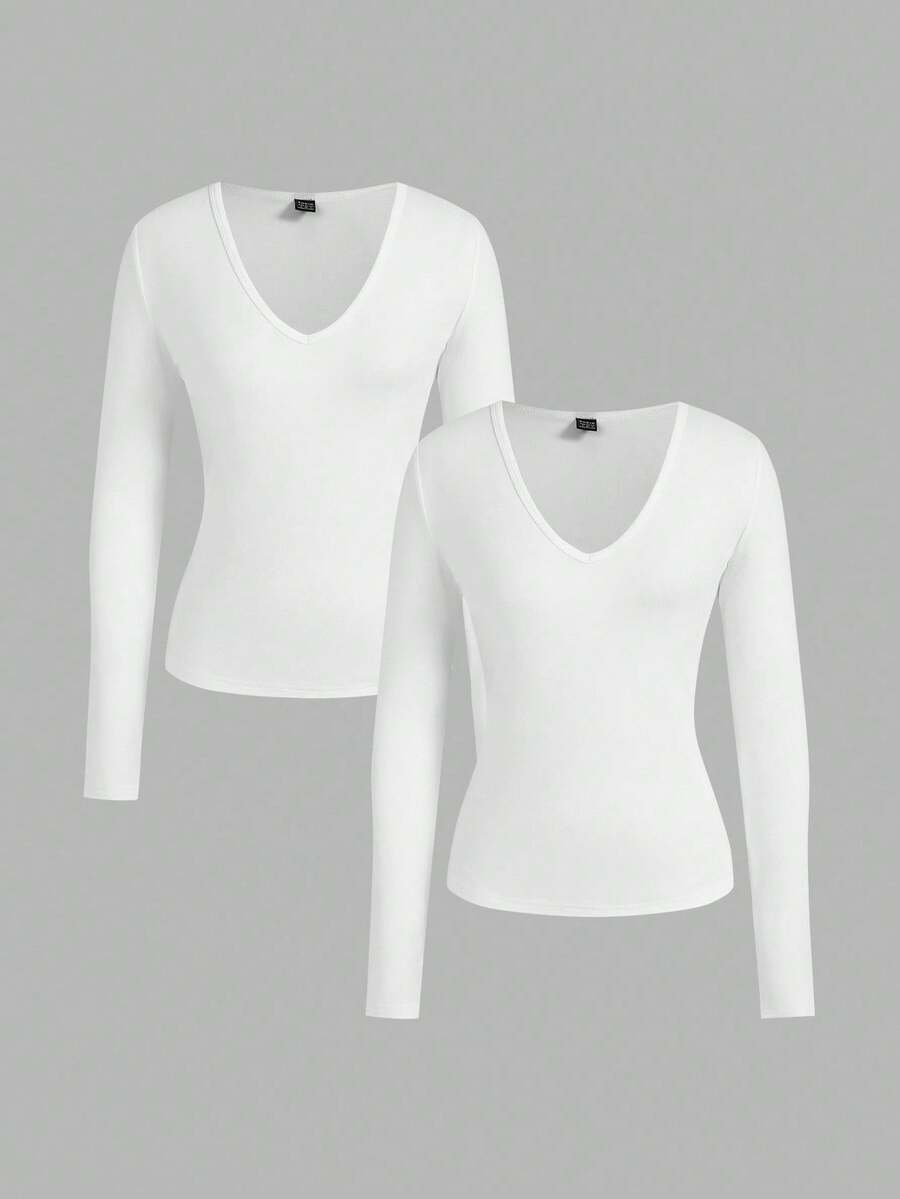 SHEIN EZwear 2pcs/Set Women Deep V-Neck Slim Fit Casual Long Sleeve T-Shirt Top Set, Suitable For Autumn/Winter - White - View 1