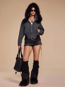 ROMWE Grunge Punk Quần jeans ống loe nữ cạp thấp có khóa kéo, túi đinh tán thêu họa tiết Punk - Xám - Xem 9