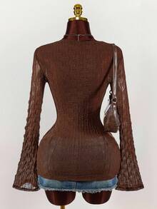 Amplova 90s Bell Sleeve Tie Front Textured Sheer Top - Chocolate Brown - View 2