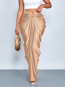 SOLERSUN 女士时尚纯色褶皱半身裙 - 杏色 - 查看 6