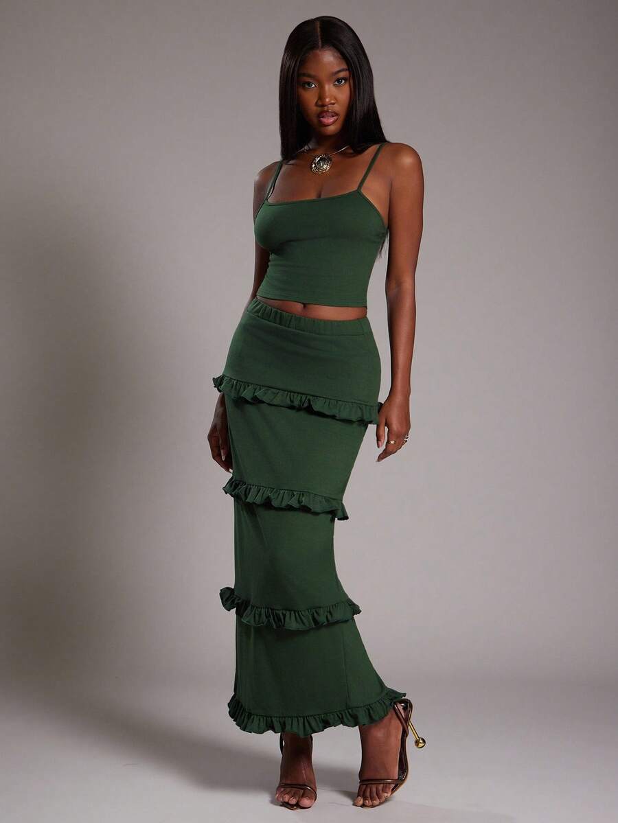 NYA SZN Conjunto de mujer (Top y Falda) Top básico corto ajustado de unicolor, Falda ajustada de cintura alta con volantes, Adecuado para salir, otoño e invierno, Apto para atuendos de oficina - Camel - Ver 1