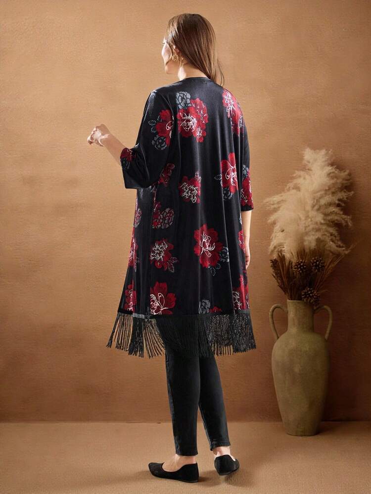 Plus Size Women Velvet Rose Print Tassel Patchwork 3/4 Sleeve Jacket, Fringe Kimono, Floral Kimono, Autumn/Winter Fall