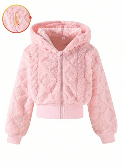1 pieza Chaqueta corta con capucha y cremallera para niñas, de tela de punto texturizada, para otoño