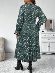 EMERY ROSE 大码女式秋冬时尚休闲 V 领碎花长款束腰连衣裙，修身廓形长款女装 - 水鴨藍 - 查看 2