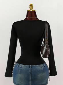 Amplova Top casual cu mânecă lungă pentru femei, culoare solidă, guler cu strasuri - Negru - Vizualizare 2