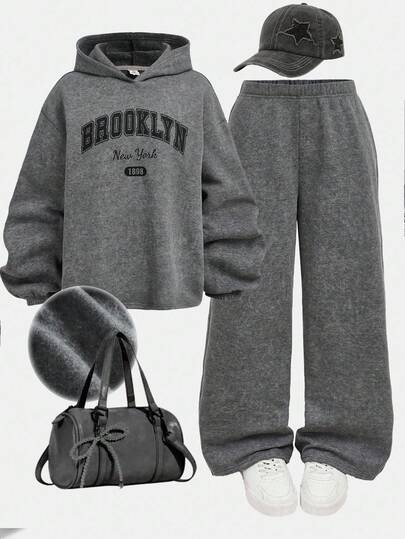 Girlism Teen Girl Letter Print Hooded Sweatshirt And Sweatpants Casual Suit, Grey Hoodie And Sweatpants Set 2 Piece Teen Boys Hoddie And Sweatpants Sweat Sets Tweens Comfy Brooklyn Outfit Teenage Boy S Hoodie And Pants Set Fall Winter