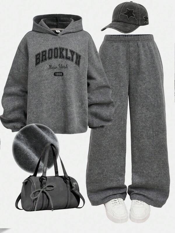 Girlism Teen Girl Letter Print Hooded Sweatshirt And Sweatpants Casual Suit, Grey Hoodie And Sweatpants Set 2 Piece Teen Boys Hoddie And Sweatpants Sweat Sets Tweens Comfy Brooklyn Outfit Teenage Boy S Hoodie And Pants Set Fall Winter