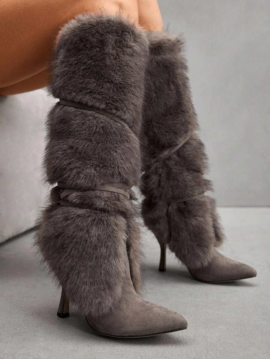 CUCCOO SZL Giày bốt cao đến đầu gối nữ thời trang sang trọng, mũi nhọn, lót lông giả, khóa kéo màu kaki - Màu Khaki - Xem 1