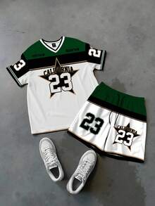 Manfinity Campus Court 男士字母印花V领短袖休闲T恤和抽绳腰短裤套装 - 彩色 - 查看 3