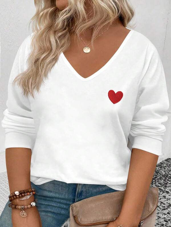 EMERY ROSE Camiseta feminina plus size com estampa de coração e decote em V, manga comprida, popular para outono/inverno