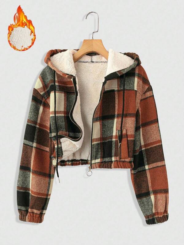 EMERY ROSE 女士休闲格纹保暖内衬短款连帽夹克，秋冬