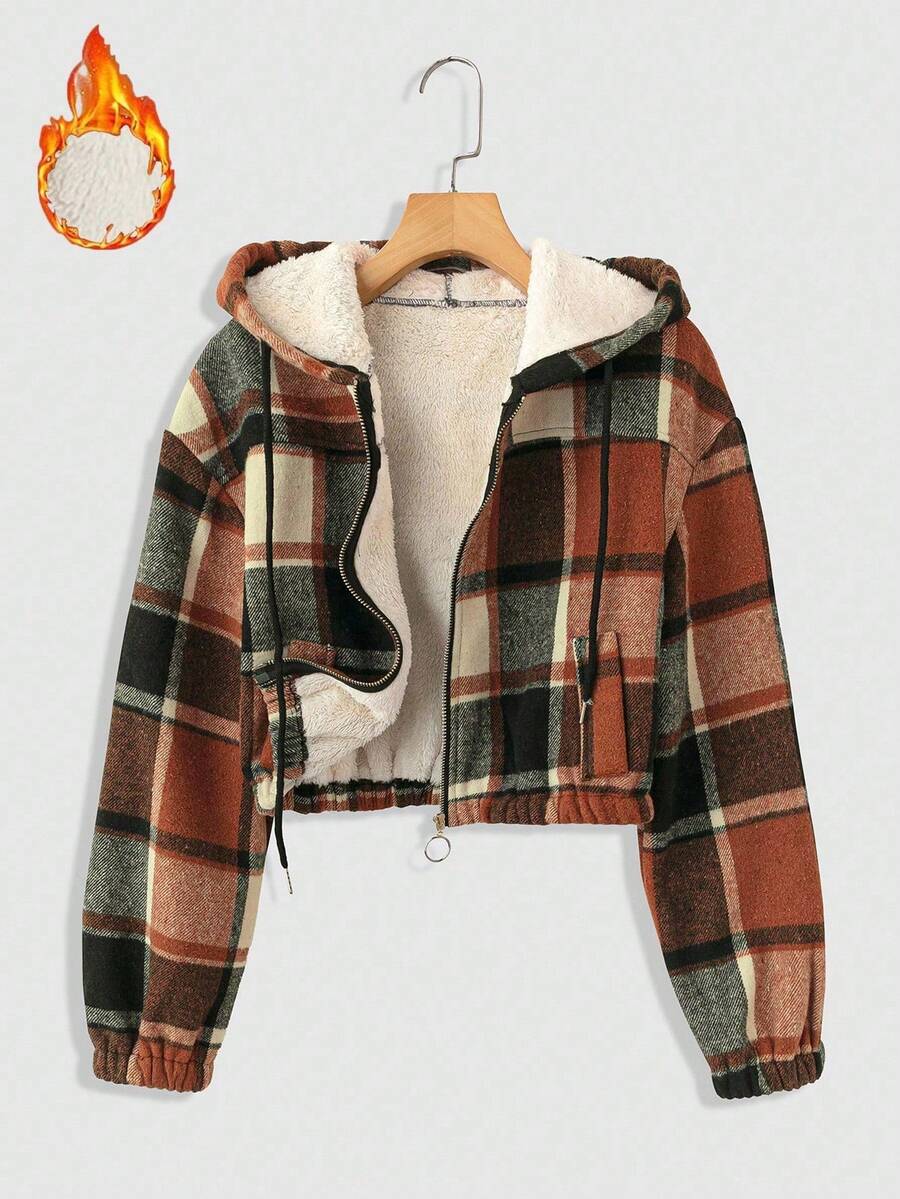 EMERY ROSE 女士休闲格纹保暖内衬短款连帽夹克，秋冬 - 橘色 - 查看 1