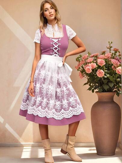 Fairmaia German Traditional Women Dress With Lace Apron, Dirndl Dress, Vintage Dress, Milkmaid Dress, Lace Dress, Pink Outfit Women, For Oktober, Halloween(Without The White Lace Top)