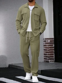 Manfinity CasualCool 男士灯芯绒工装长袖衬衫和裤子两件套，秋季服装 - 軍綠色 - 查看 5