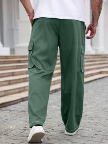 Manfinity Homme Plus Size Men's Casual Everyday Flap Pocket Loose Straight Leg Pants, For Fall - Dark Green - View 2