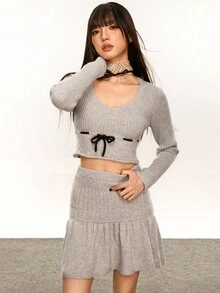 INAWLY Women's Casual Tie-Up Cuffed Cropped Fitted Sweater And Ruffle Hem Mini Skirt Set, Autumn - Light Grey - View 5