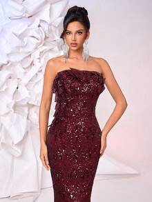 Glamrae Luxury Handmade Chocolate Brown Beaded Applique Mermaid Formal Evening Gown With Adjustable Lace-Up Back, Sophisticated Craftsmanship - Burgundy - View 4