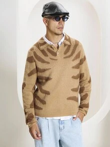 STEELVANCE 男士休闲拼色翻领长袖毛衣，秋冬 - 棕色 - 查看 3