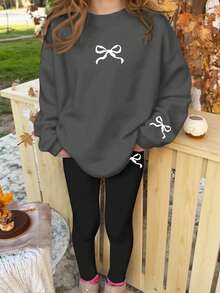 SHEIN Leap Crew 2pcs/Set Tween Girl Cute Mini Bow Print Pullover Sweatshirt & Pants, Casual Outfit For Autumn/Winter - Multicolor - View 3