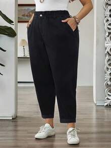 SHEIN CURVE+ 大码女式荷叶边腰袋锥形休闲牛仔裤 - 黑色 - 查看 9