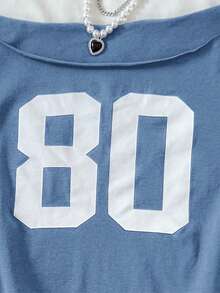 Áo thun ngắn tay in khẩu hiệu lệch vai màu xanh lam thường ngày cho bé gái, mùa xuân và mùa hè, mát mẻ, cơ bản, hàng ngày, đa năng, thời trang thể thao mùa hè, mùa tựu trường, đồng phục học sinh~ - Màu xanh lam - Xem 3