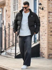 EASEVO Plus Size Men's Black Patchwork Winter Long Sleeve Coat, Fall - Black - View 2