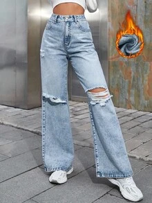 SHEIN EZwear Damen Winter Jeans mit Taschen, Destroyed-Optik, Loose Fit, Weites Bein, Verstärkte Denim