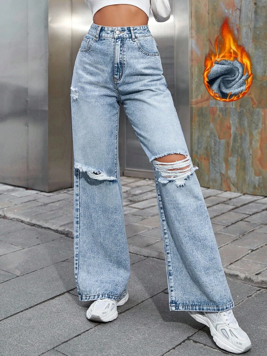 SHEIN EZwear Damen Winter Jeans mit Taschen, Destroyed-Optik, Loose Fit, Weites Bein, Verstärkte Denim