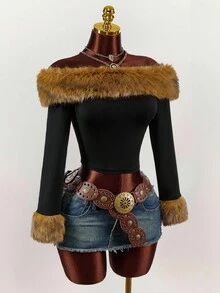 Amplova Áo thun dài tay hở vai cổ bẻ, thời trang và thanh lịch, thu/đông - Nhiều màu - Xem 1