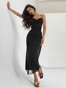 Aloruh 浪漫不对称露背系带中长连衣裙，带网眼覆盖层，粉色和紫色 - 黑色 - 查看 4